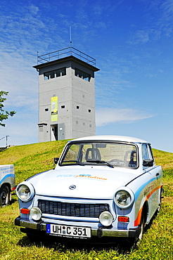 Trabi car in front of the museum and memorial in the border tower Katharinenberg at the former inner-German border, Thuringia, Germany, Europe