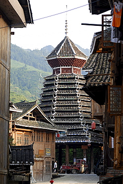 Drum Tower of the Dong minority village Zhaoxing in Guizhou, China, Asia