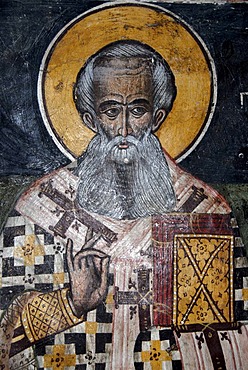 Greek Orthodox Christianity, ancient Byzantine frescoes, mural of Bishop Nicholas, Church of Agios Nikolaos in Petra, Lesbos, Aegean Sea, Greece, Europe