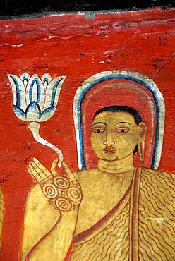 Buddhism, ancient wall painting, Buddha with nimbus holding lotus flower in his hand, Mulgirigala Temple, Mulkirigala, Ceylon, Sri Lanka, South Asia, Asia