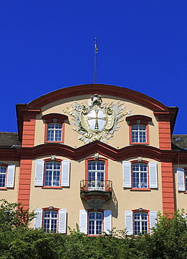 East gable bearing the Teutonic coat of arms of the Baroque castle of Mainau, Mainau Island, Lake Constance, Konstanz district, Baden-Wuerttemberg, Germany, Europe, Europe