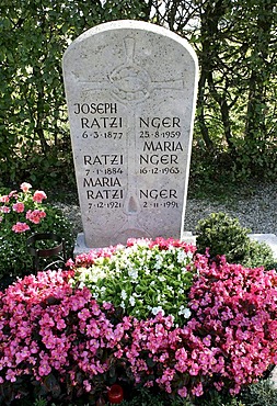 Grave of the Ratzinger family, the parents and the sister of Joseph Ratzinger, Pope Benedikt XVI, in Penting near Regensburg, Bavaria, Germany, Europe