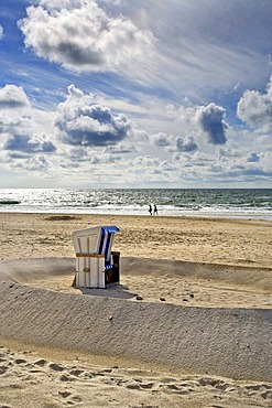 Sand castle with roofed wicker beach chair, Kampen, Sylt, North Frisia, Schleswig-Holstein, Germany, Europe