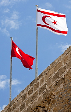 Flags of Northern Cyprus and Turkey, Kyrenia Castle, also known as Girne Castle, Northern Cyprus, Cyprus, Europe