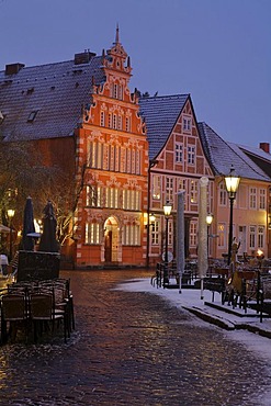 Historical buildings seen from Wasser West, old harbour of Stade, Lower Saxony, Germany