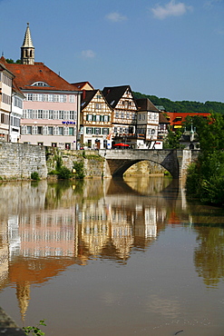 View from the Kocher River towards the colourful houses in the city of Schwaebisch Hall, Baden-Wuerttemberg, Germany, Europe