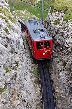 With 48 percent incline the steepest cog railway in the world, railway on Mount Pilatus near Lucerne, Switzerland, Europe