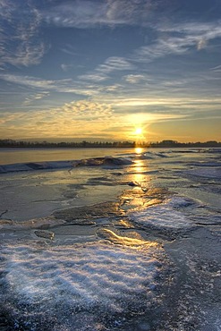 Frozen lake, patches of snow, Markelfinger Winkel, Lake Constance, Markelfingen, Radolfzell, County of Constance, Baden-Wurttemberg, Germany, Europe