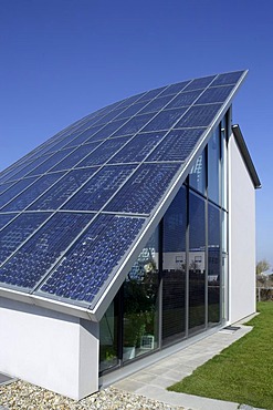 Photovoltaic panels, solar cells, energy, roof, office building, Ingolstadt, Bavaria, Germany, Europe