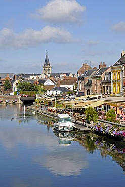 Canal, street cafe, restaurant, boat, Saint Leu quarter, Amiens, Picardie, France, Europe