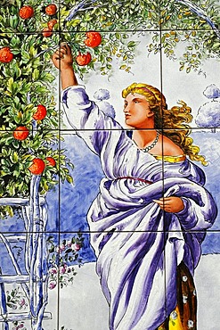 Spanish tiles, azulejos, romantic representation of a woman plucking an apple, Madrid, Spain, Europe