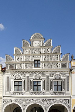 Old house facade, Sgraffito, Sgraffiti, Scraffito, renaissance, facade, UNESCO World Heritage Site, old town, main square, market place, Tel&, Telc, Teltsch, Czech Republic, Europe