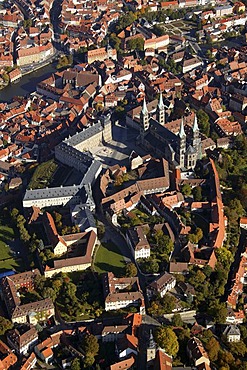 Aerial view, inner city with cathedral, Bamberg, Franconia, Bavaria, Germany, Europe