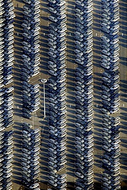 Aerial view of the carpark for new Zafira vehicles, storage area to the east of the Opel factory, Langendreer, Ruhr Area, North Rhine-Westphalia, Germany, Europe