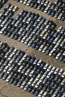 Aerial view of the delivery carpark for new Zafira vehicles at the Opel factory, Bochum, Ruhr Area, North Rhine-Westphalia, Germany, Europe