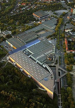 Aerial picture, Exhibition grounds at sunset, Grugapark, Essen, Ruhr area, North Rhine-Westphalia, Germany, Europe