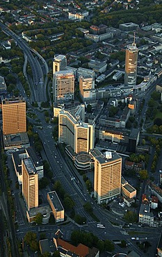 Aerial picture, multi-storey building center RAG and RWE, Evonik, Essen, Ruhr area, North Rhine-Westphalia, Germany, Europe