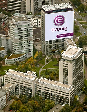 Aerial picture, the former RAG Group Building bearing the new company name EVONIK, head quarters of the Evonik Industries AG, Essen, Ruhr area, North Rhine-Westphalia, Germany, Europe