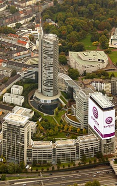 Aerial picture, the former RAG Group Building bearing the new company name EVONIK, head quarters of the Evonik Industries AG, Essen, Ruhr area, North Rhine-Westphalia, Germany, Europe