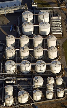 Aerial image, tank farm, industrial and trade harbor Schalke-North, Gelsenkirchen, Ruhr Area, North Rhine-Westphalia, Germany, Europe