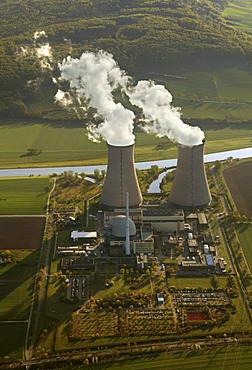 Aerial photograph, AKW, Atomkraftwerk, atom power plant, two cooling towers evaporating water, shadows, Grohnde, Emmerthal, Lower Saxony, Germany, Europe