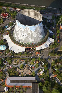 Aerial photograph, cooling tower, nuclear power station, fast breeder reactor, Nuclear Water Wonderland amusement park, Kalkar, Rhine, Rhineland, North Rhine-Westphalia, Germany, Europe