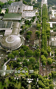 Aerial photo, Westphalia Hall, Loveparade 2008 festival, crowd on the B1 road, Dortmund, Ruhr area, North Rhine-Westphalia, Germany, Europe