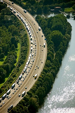 Aerial photograph, congestion on the motorway A1, Hensteysee, Hagen Boele, Ruhr Area, North Rhine-Westphalia, Germany, Europe