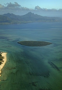 Aerial view, beach, turquoise water, coral island, mountains, Tamarin Bay, Mauritius, Indian Ocean