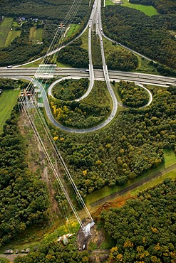 Aerial picture, Dortmund North-West highway junction, high tension road, A2, A45, Sauerlandlinie, Castrop-Rauxel, Ruhr area, North Rhine-Westphalia, Germany, Europe