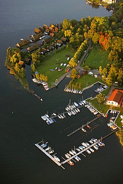 Aerial photograph, camp site, boat houses, Roebel, Mueritz, Mecklenburg-Western Pomerania, Germany, Europe