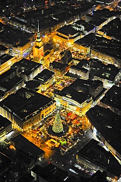 Aerial picture, night shot, city centre, Reinodikirche Church, christmas market, Kampstrasse Street, Dortmund, Ruhr area, North Rhine-Westphalia, Germany, Europe