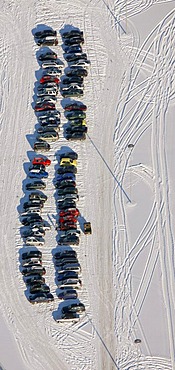 Aerial photo, Eigen, snow, car tuner Brabus parking lot, Bottrop, Ruhr Area, North Rhine-Westphalia, Germany, Europe