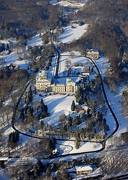 Aerial photo, Villa Huegel, Bertholt Beitz, snow, Essen, Ruhrgebiet, North Rhine-Westphalia, Germany,