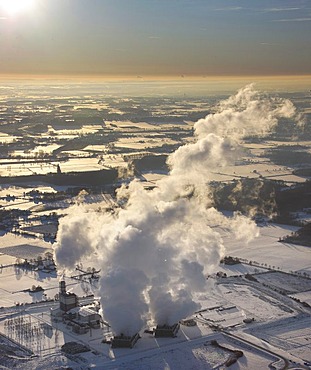 Aerial photo, Uentrop GUD gas turbine power station, snow, Hamm, Ruhr Area, North Rhine-Westphalia, Germany, Europe