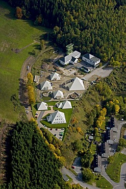 Aerial photo, 5 pyramids, Ragonex company, shaft tower, mining museum, Meggen, Lennestadt, Sauerland, North Rhine-Westphalia, Germany, Europe