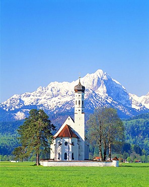 St. Coloman pilgrimage church near Fuessen, Thannheim Range, spring, east Allgaeu, Bavaria, Germany, Europe