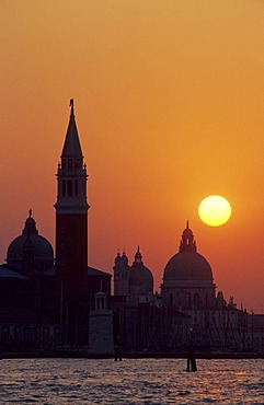 Church of San Giorgio Maggiore and the Basilica di Santa Maria della Salute at sunset, Venice, Italy, Europe