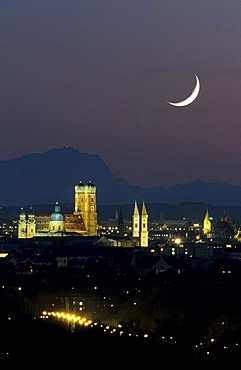 Munich, Frauenkirche Church and Mt Zugspitze, crescent moon, Bavaria, Germany, Europe