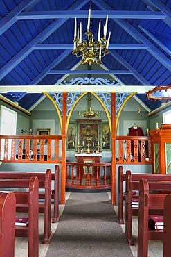 Interior view of the church in the open air and local history museum in Skogar, Byggï£¿asafniï£¿ i Skogum, Iceland, Europe