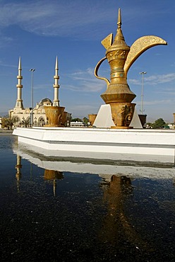 Fountain with oversized coffee pot, mosque, Emirate of Fujairah, United Arab Emirates, Arabia, Near East