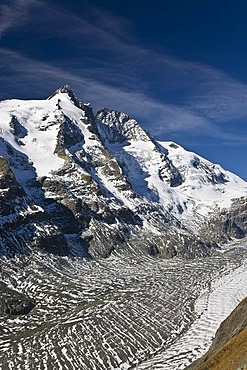 Mount Grossglockner, 3798 metres, with the Pasterze Glacier, glacier tongue, Hohe Tauern National Park, Carinthia, Austria, Europe