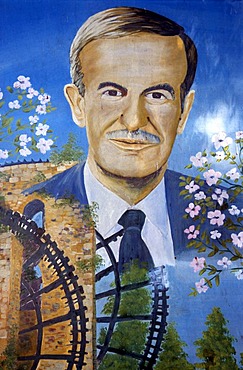 Mural painting with a picture of the deceased president Hafiz al-Assad, Hama, Syria, Middle East, Orient