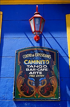 Tango-Bar sign in the tourist alley Caminito in the dockland area La Boca, Buenos Aires, Argentina, South America