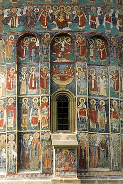 Exterior frescoes, monastery of Sucevita, UNESCO World Heritage Site, Southern Bukovina, Moldova, Romania, Europe