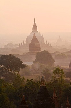 Temples and pagodas in early morning fog, Bagan, Myanmar