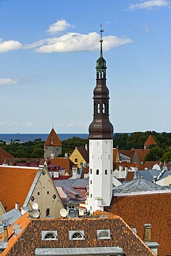 Town Hall tower and roofs of upper town, Tallinn, Estonia, Baltic States, North-East Europe