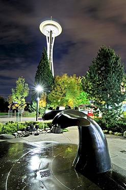 Whale fin in front of Space Needle, City Center, night shot, Seattle, U.S state of Washington, USA, North America