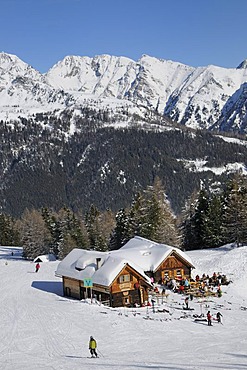 Zirmbar ski hut, Schladminger Tauern Mountain Range in the back, Fanningberg ski area, Lungau, Salzburg, Austria