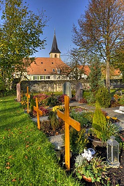 Cemetery and church in a district of Siegelhausen near Marbach on the Neckar, Baden-Wuerttemberg, Germany, Europe